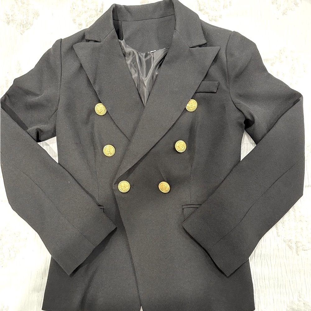 Black blazer with gold buttons